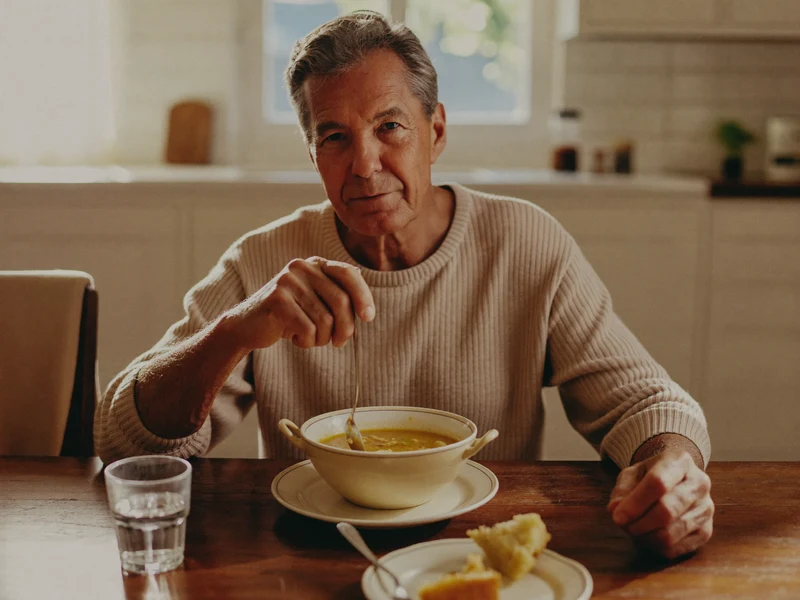 Tavola di cucina italiana luminosa, apparecchiata per un pranzo tranquillo con zuppa, pane e acqua