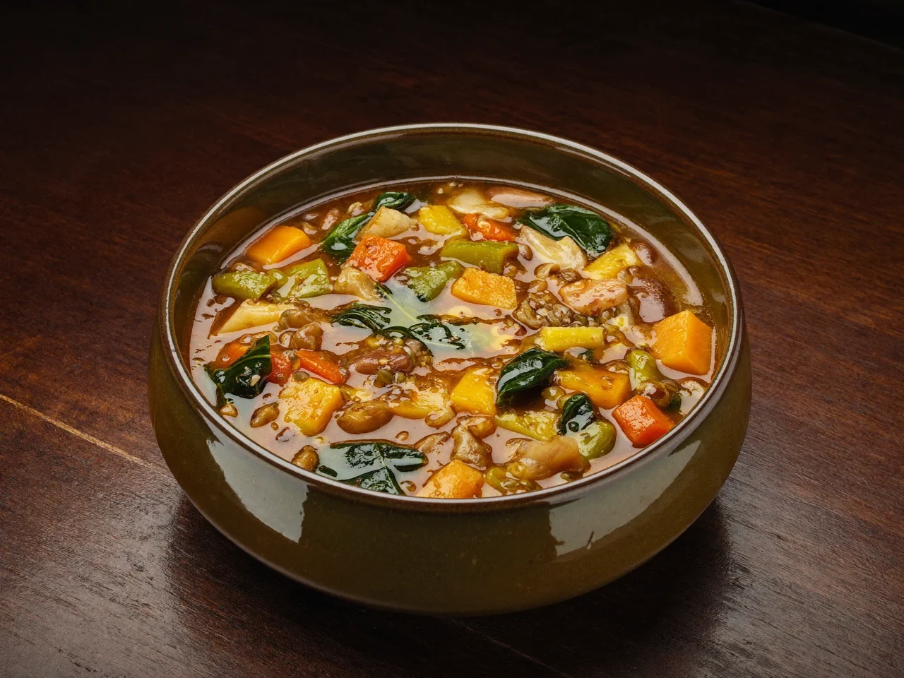Ciotola di minestrone morbido di verdure e legumi con olio d'oliva