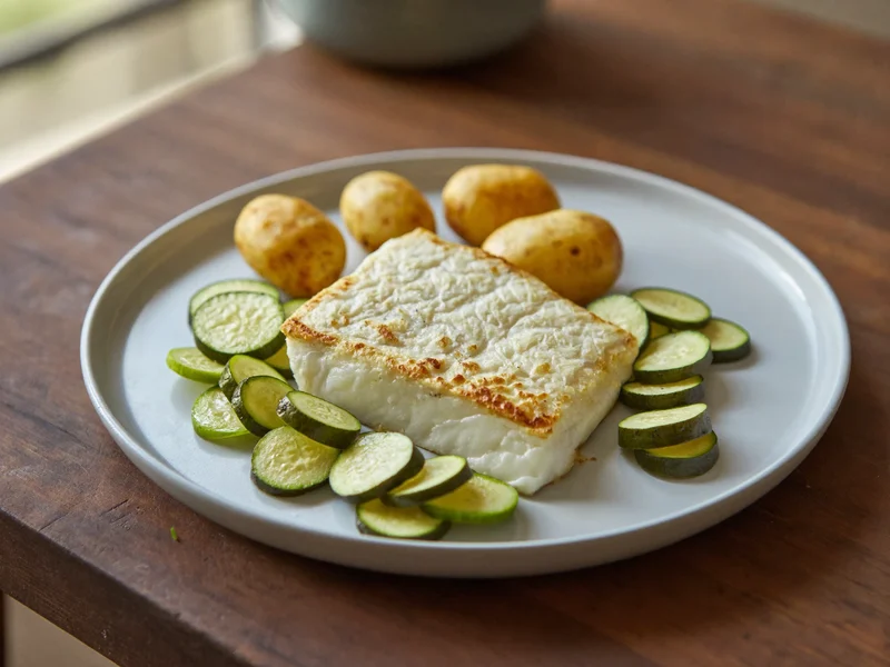 Pesce bianco al forno con zucchine al vapore e patate lesse