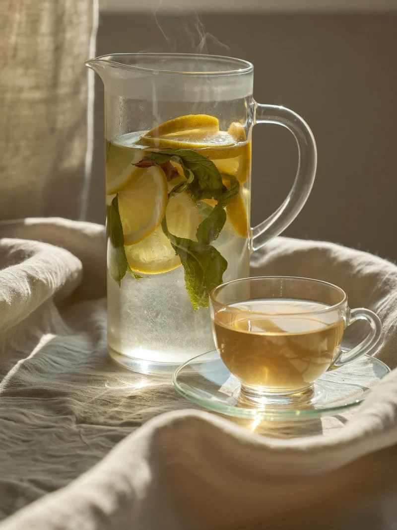 Caraffa d'acqua con limone ed erbe accanto a una tazza di tisana