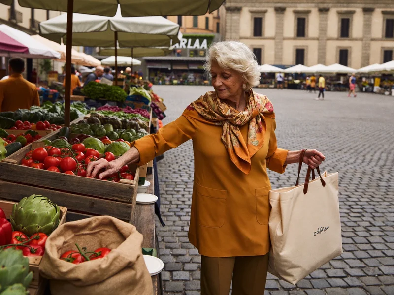 Donna anziana sceglie verdure fresche a un banco del mercato