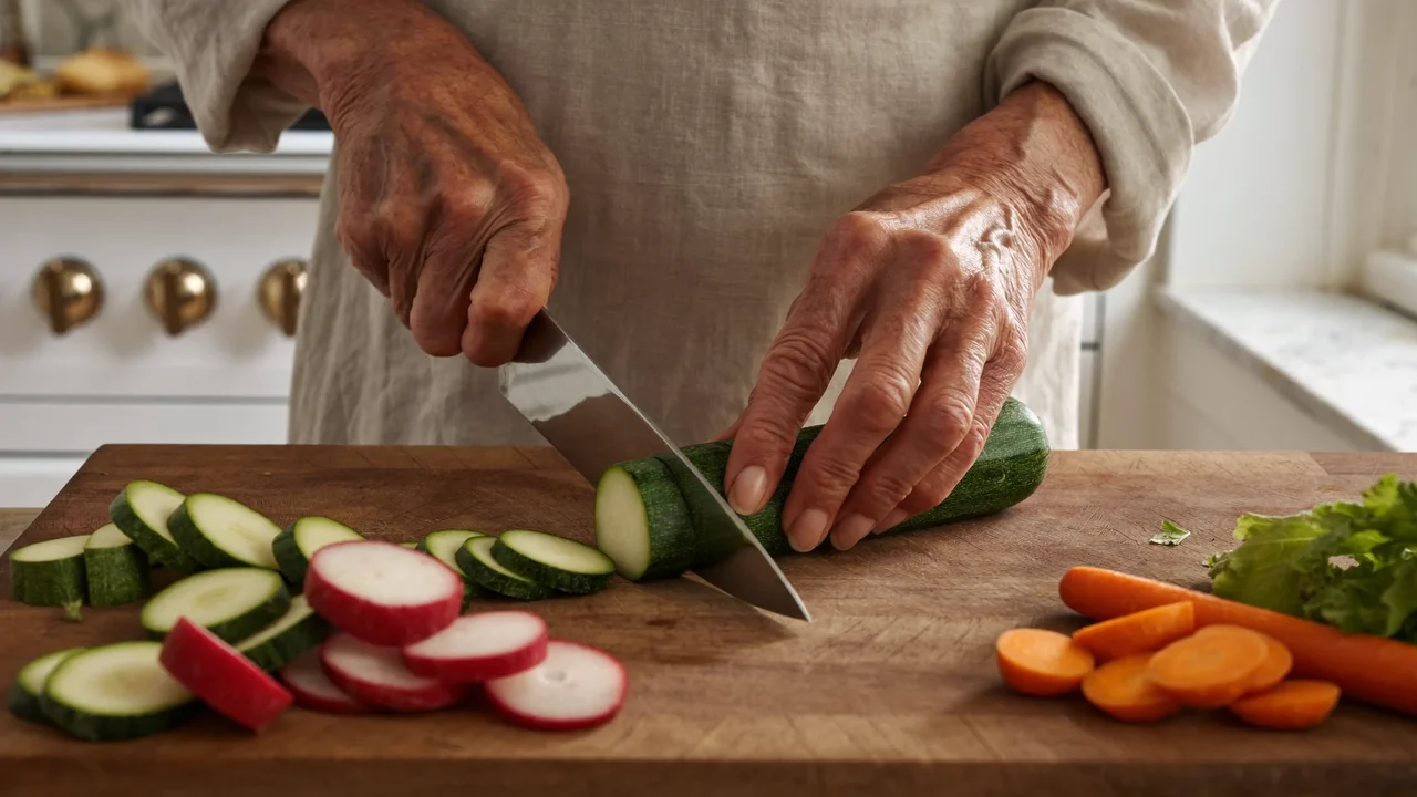 Mani anziane che tagliano verdure su un tagliere in cucina